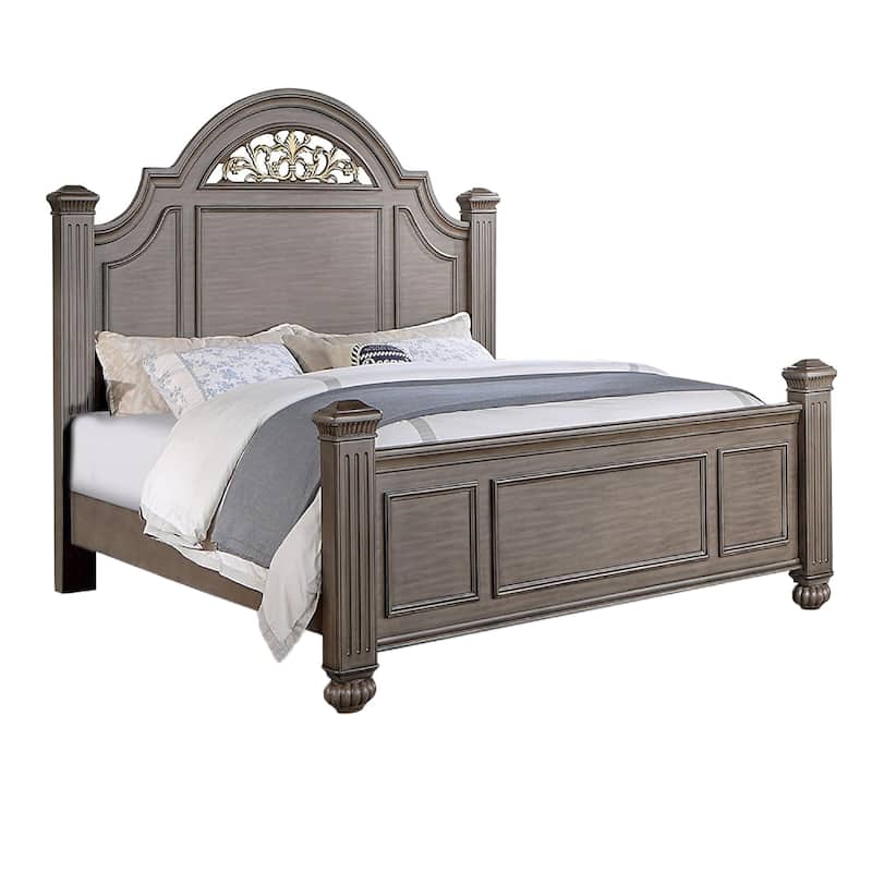 Recus Queen Bed, Carved Floral Details, Arched Headboard, Gray Wood