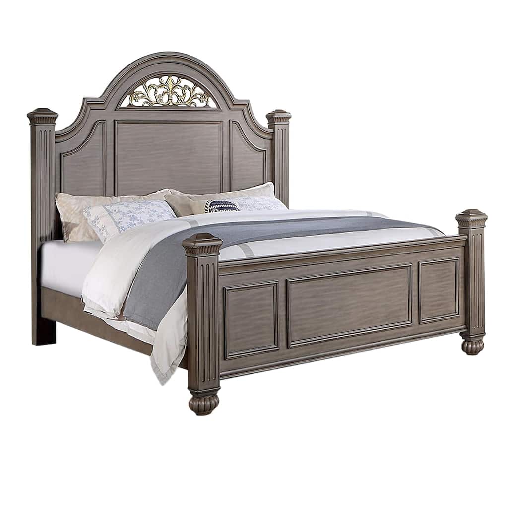 Recus Queen Bed, Carved Floral Details, Arched Headboard, Gray Wood