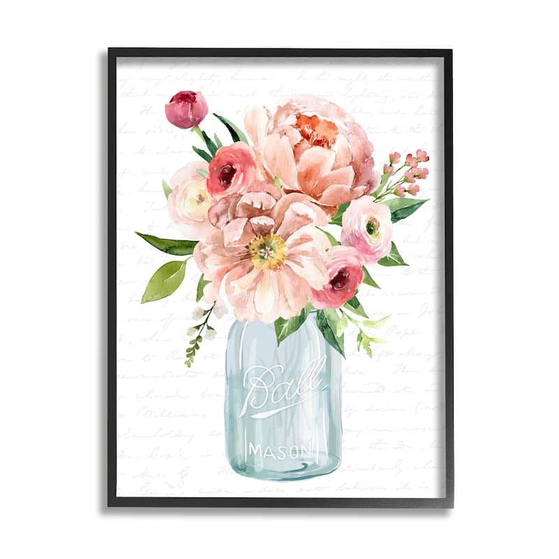 Stupell Pink Peony Flowers Jar Arrangement Script Pattern Framed Wall Art, Design by Lettered and Lined - 24 x 30 - Black