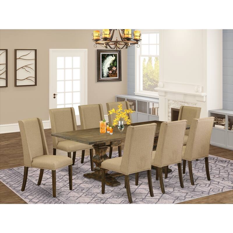 9-Piece Dinette Set - Rectangular Dining Table with Linen Fabric Chairs - Distressed Jacobean Finish - 92