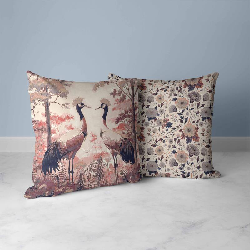 Autumnal Cranes Faux Suede Reversible Throw Pillow Pink and Black
