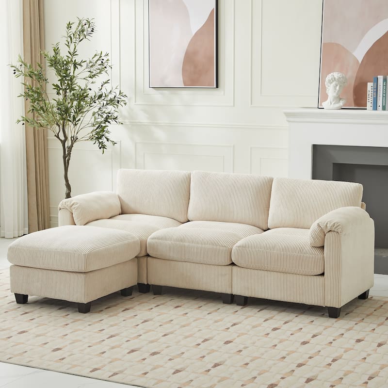 Corduroy Sectional Sofa with a Removable Ottoman, L-shaped Reversible 4-seat Modular Couch