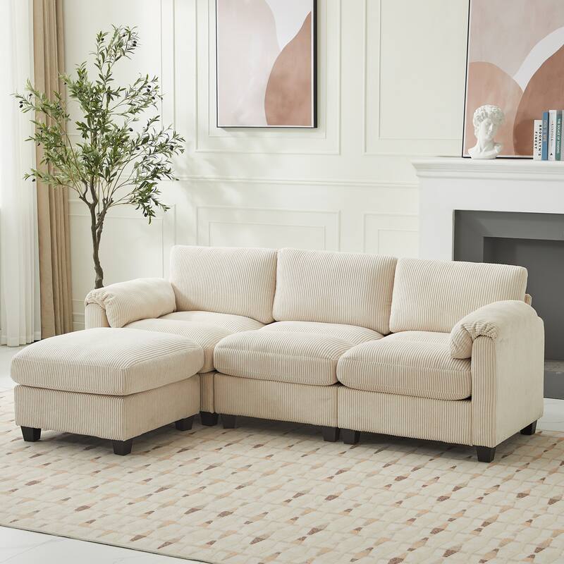 Multi-Seater Corduroy Sectional Sofa, Modular Settee, Included Removable Ottomans - 3 Seats & 1 Ottoman - Off White