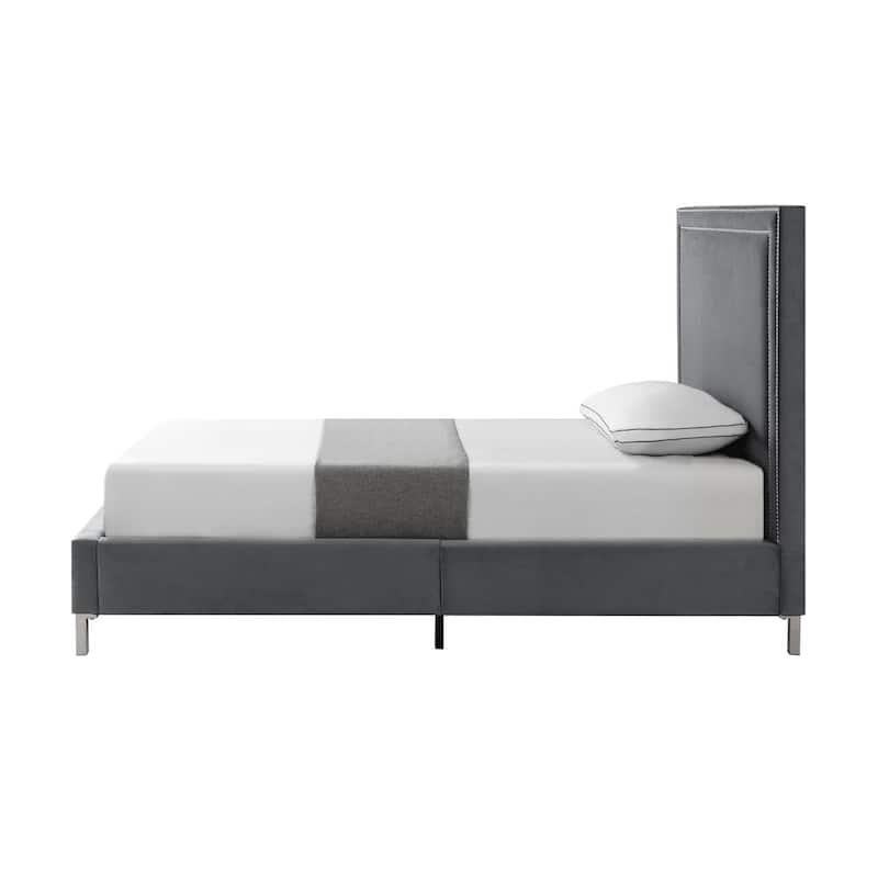 Gray Solid Wood Full Upholstered Velvet Bed with Nailhead Trim