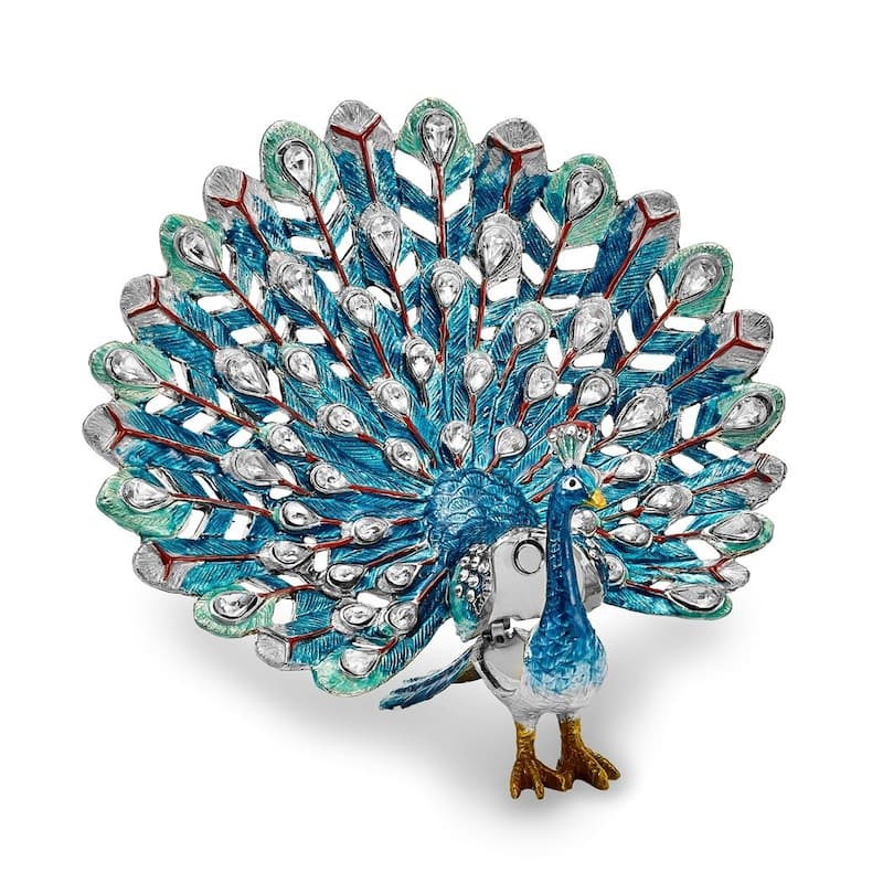 Curata Pewter Crystals Silver-Tone Enameled Iridescence Blue Peacock Trinket Box on 18 Inch Necklace