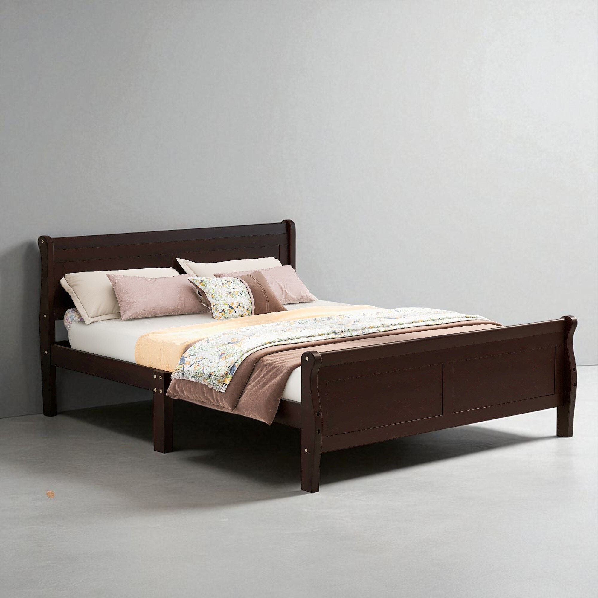 Full/Queen Size Wood Platform Bed Frame with Headboard, Slats, and Oak Finish, No Box Spring Needed