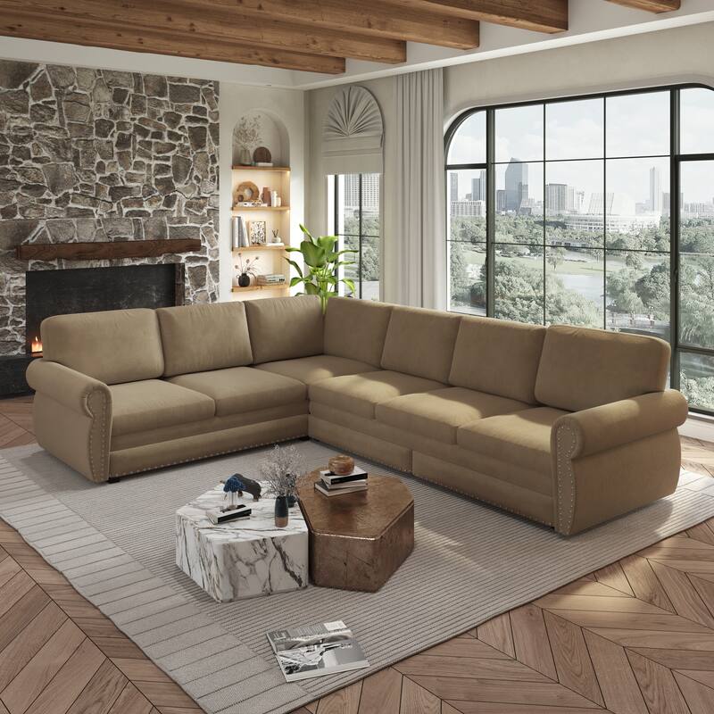 L-Shaped Sectional Sofa with Pull-Out Bed, Oversize Convertible Sleeper Sofa with Rolled Arms, Chenille Upholstery