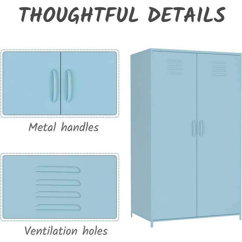 Double Doors Metal Locker Cabinet Storage with Hanging Rod and Shelves for Bedroom School Classroom