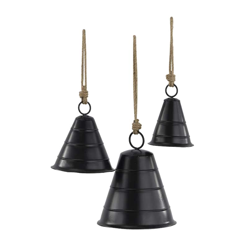 Metal Tibetan Inspired Decorative Cow Bells with Jute Hanging Rope - Set of 3 Black or Bronze - Roche River Decor