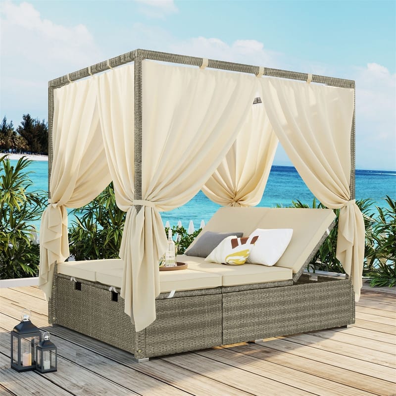 Outdoor Rattan Daybed with Adjustable Backrest and Curtains, Paio Sunbed Sun Lounger with Canopy and Removable Cushion