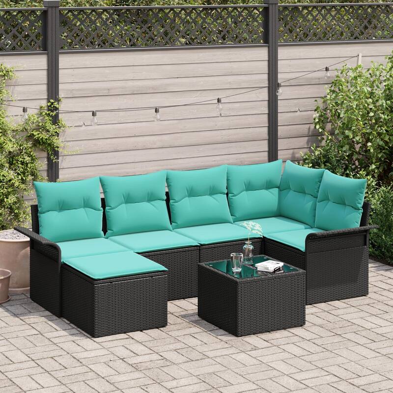 vidaXL 6/7 Garden Sofa Set with Cushions Black/Brown/Grey Poly Rattan - 95.9 x 52.2 x 27.2 - Black with table