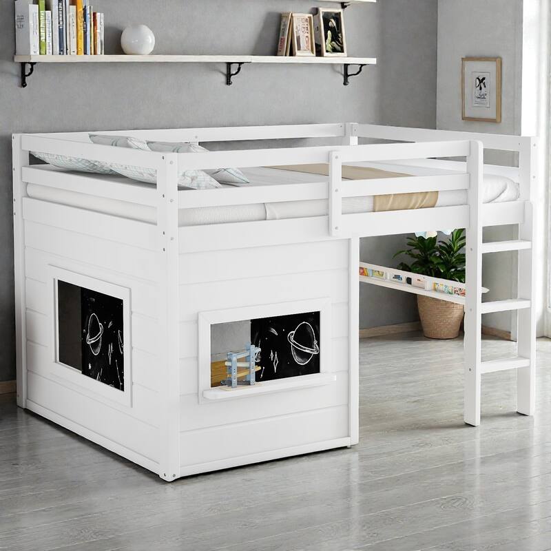 Twin/Full Loft Bed with Sliding Chalkboard, Built-in Bookshelf, Solid Wood Frame & Safety Guardrails, Kids Playhouse Bed