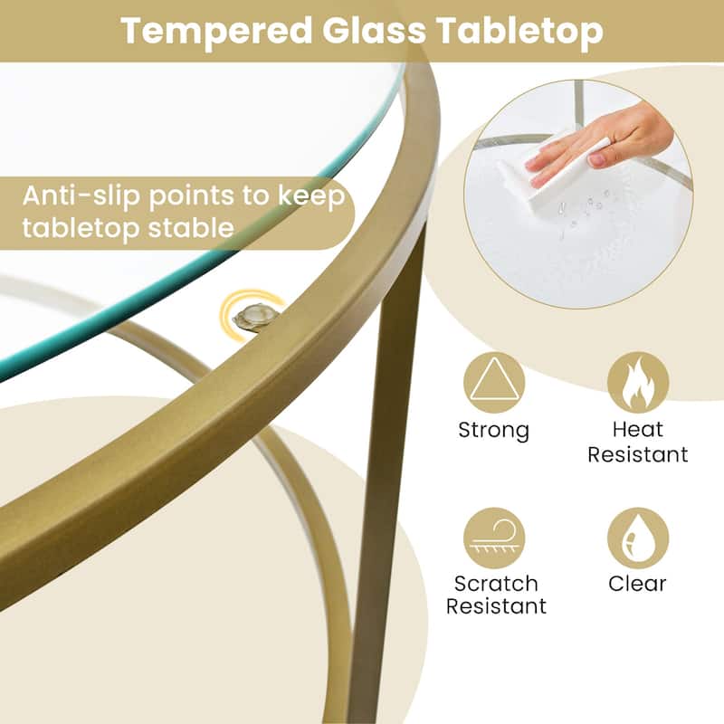 Tempered Glass Round Coffee Table with Metal Frame and 110 lbs Capacity - 35.5" x 35.5" x 18"