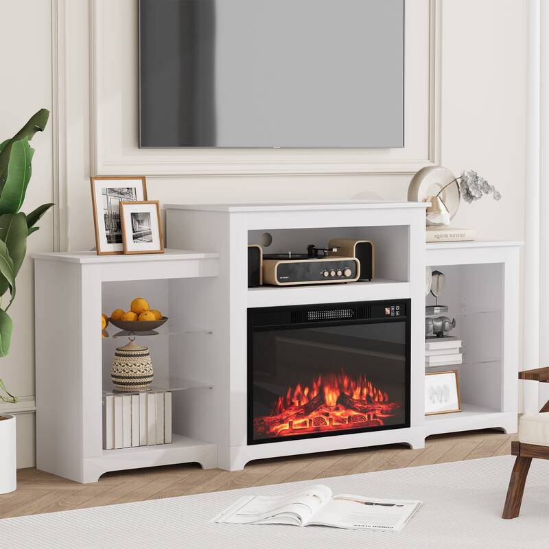 32" H TV Stand with Fireplace for TVs up to 80" - Remote Control, Energy-Efficient Heater, 16-Color Light Strip