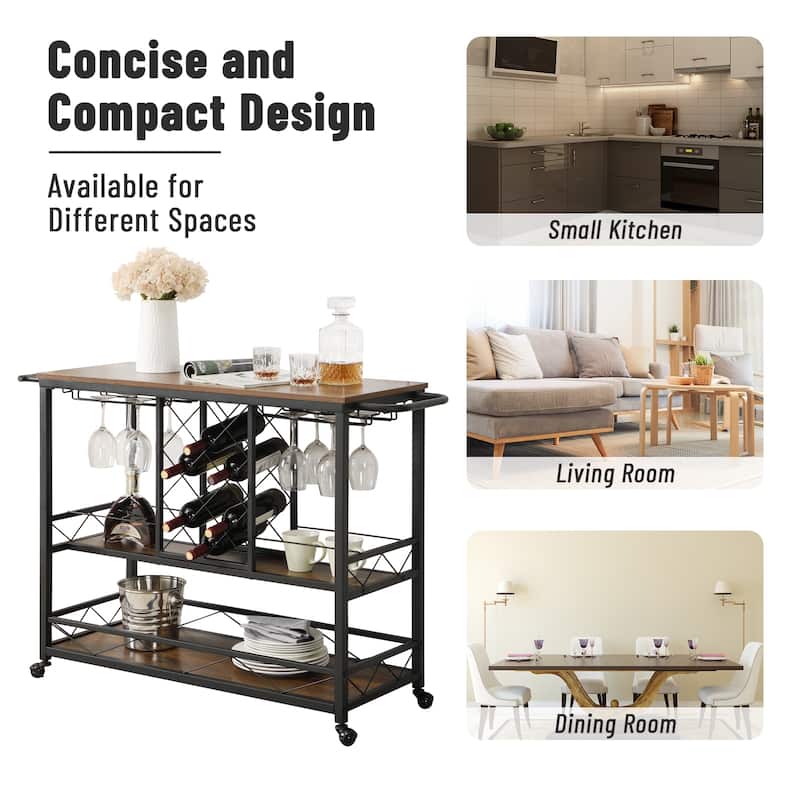 Myhozm Mobile Bar Cart Rolling Kitchen Serving Cart with Wine Bottle Rack