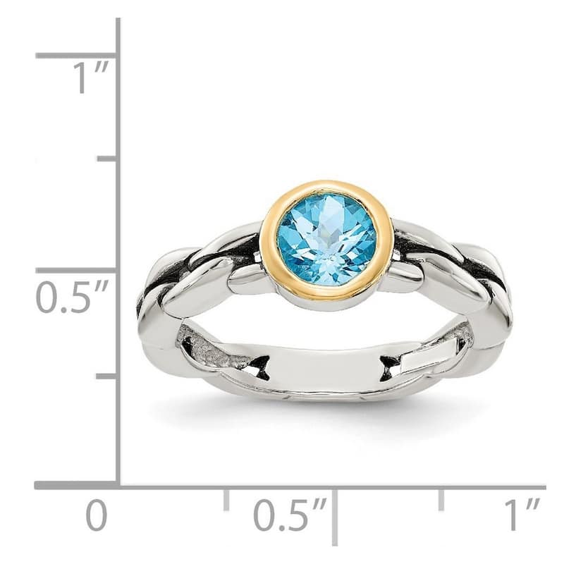 Curata 925 Sterling Silver Bezel Polished Open back 14k Yellow 6mm Round Sky Blue Topaz Ring
