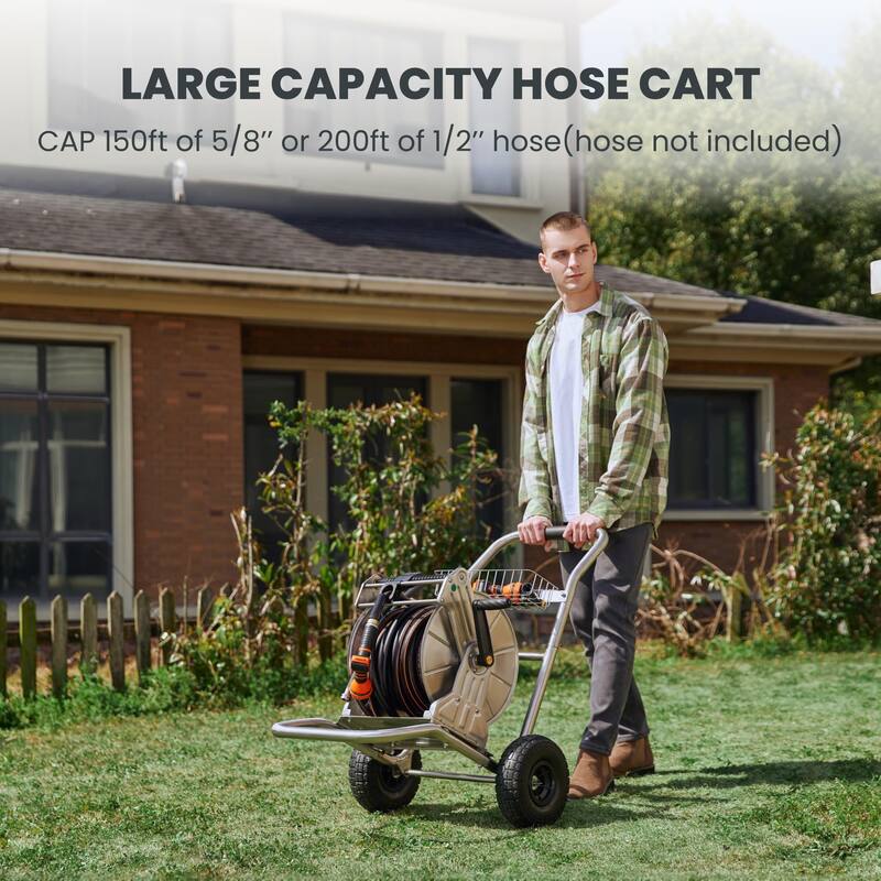 Garden Hose Reel Cart with Wheels, Stainless Steel Heavy Duty Water Hose Reel Cart, 200 ft of 1/2 Capacity, Mobile for Outside