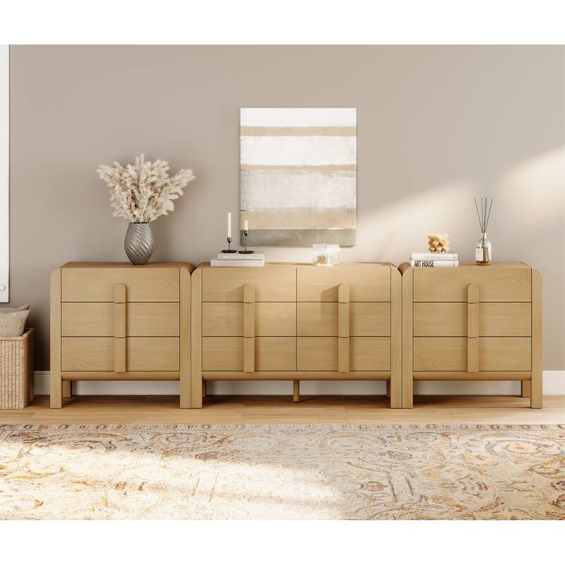 WAMPAT 3-Piece Dresser Set For Bedroom, 110.2" Large Mid Century Dresser For Closet, Curved Profile Wooden Chest Of Drawers - Oak