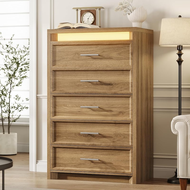 Dresser for Bedroom with Drawers Mid-Century Modern Dresser 3 Color Lights - Brown - 5-drawer