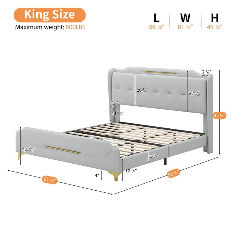 King Size PU Leather Platform Bed with Wingback Headboard and Footboard, Gold Metal Decoration, Easy Assembly