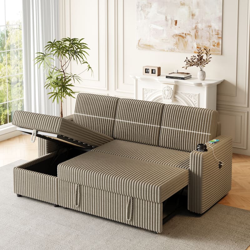 85"Corduroy Sofa Bed,3 Seater Sleeper Sofa with Storage Chaise,Square Handrail with Two Cup-holder Snd USB Charge Port