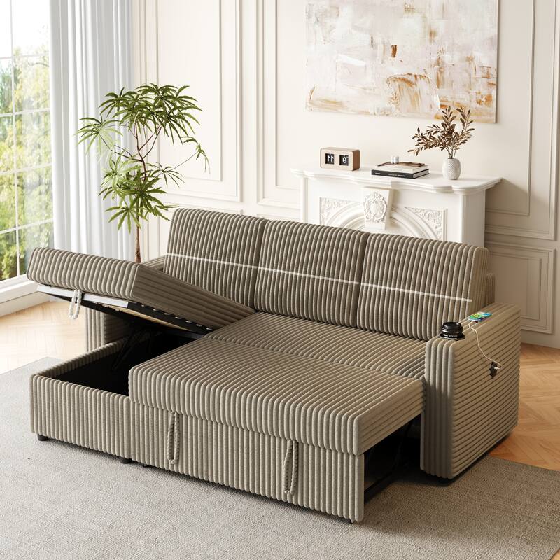 Corduroy Sleeper Sofa Bed with Storage Chaise, Dual Cup Holders, and USB Charging Port Convertible Couch for Living Room