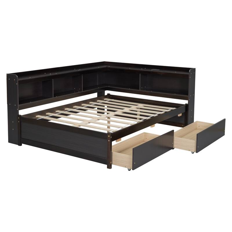 Corner Daybed Bookcases Bed with Power Outlets and Charging Ports, L-Shaped Storage Bed Frame Captains Bed with 2 Drawers