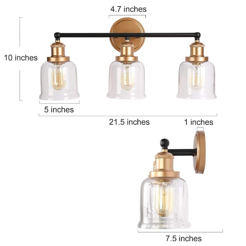 Mid-century Modern Black Gold Bathroom Vanity Lights with Clear Bell Glass for Powder Room - L 21.5" x W 7.5" x H 10"