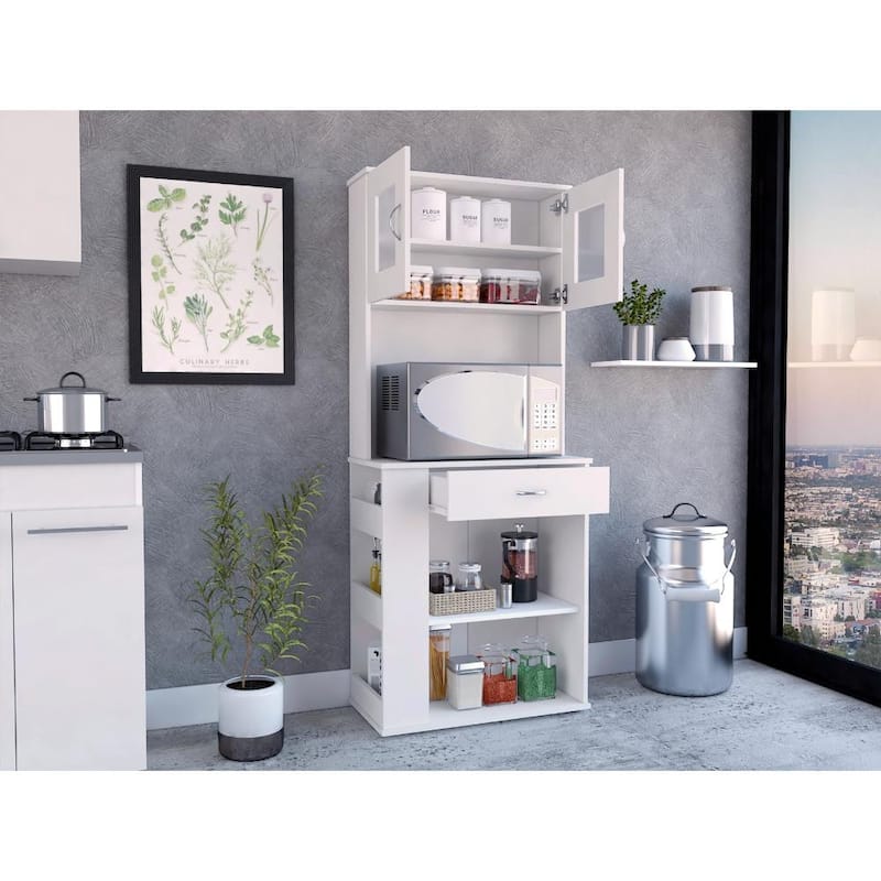 Capienza Pantry Cabinet with Double Doors, 2 Open Shelves, Drawer, and 3 Side Shelves