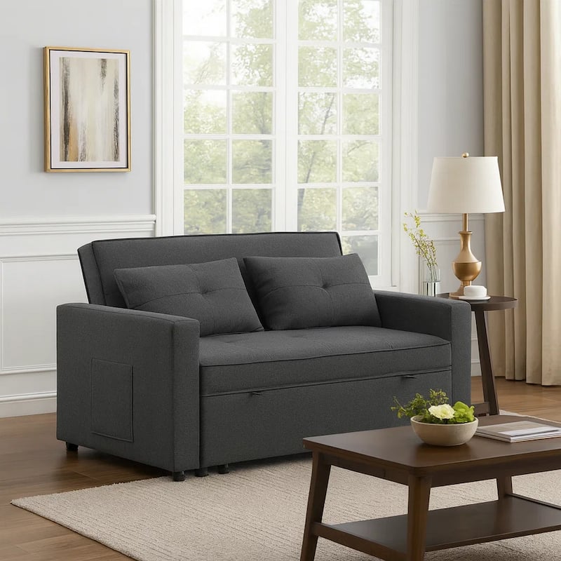 Vito 56 Inch Convertible Sleeper Loveseat with Side Pocket, Dark Gray Linen