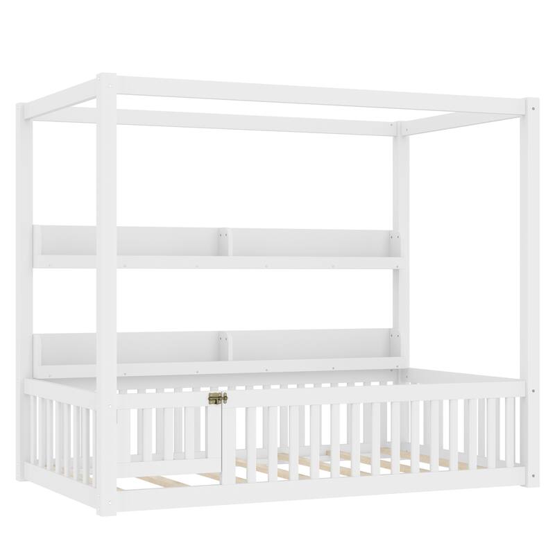 Montessori-Inspired Design Canopy Bed Kids Solid Wood Floor Bed Frame with Built-in Storage Shelves and Child-Safe Guardrails