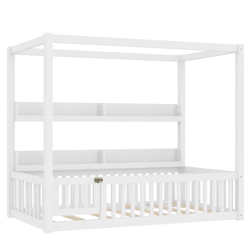 Twin Size Canopy Bed with Guardrails, Solid Wood Floor Bed with Shelves, Montessori Floor Bed Frame, No Spring Box Needed