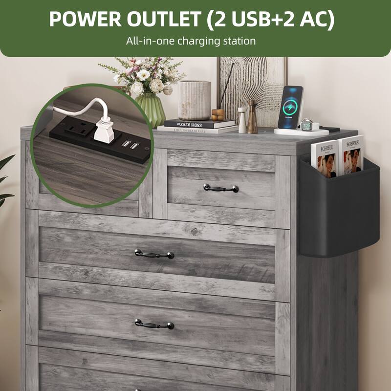 Vintage Double Dresser Chest of Drawers with Charging Station and Side Organizer Bag