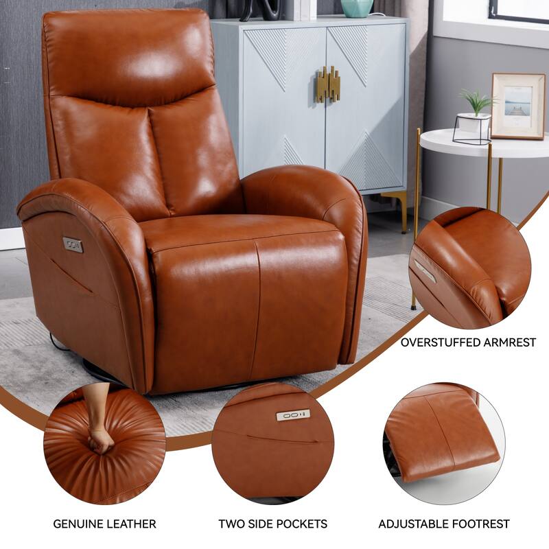 Modern Genuine Leather Swivel and Rocker Power Recliner Chair, 270° Swivel Recliner Chair with Lumbar Support, USB and Type-C