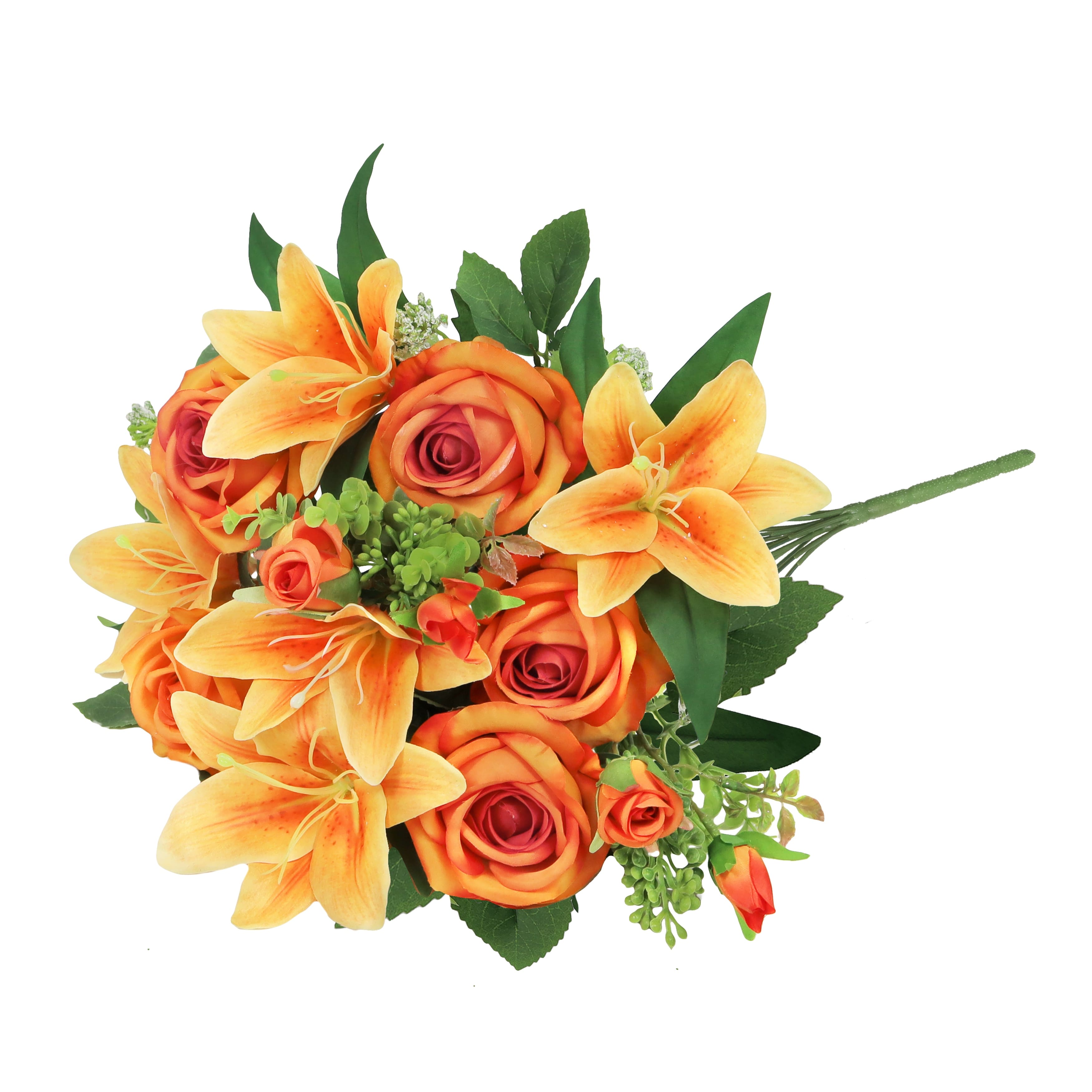Set of 2 Orange Artificial Mixed Rose Stargazer Lily Flower Stem Bush ...