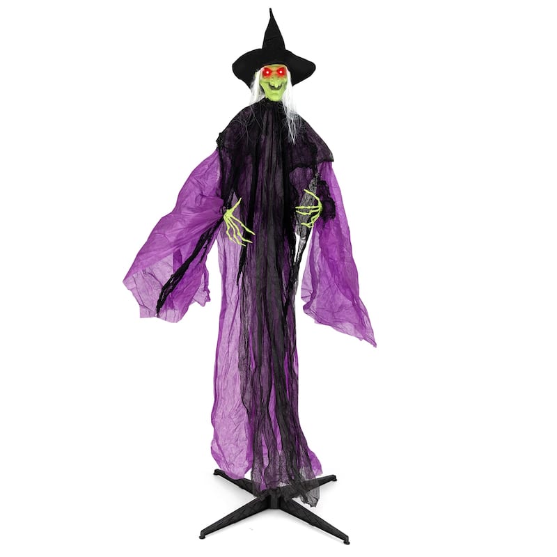 7.2 FT Sound-Activated Halloween Witch with Lighted Eyes and Moving Arms - Purple/Black