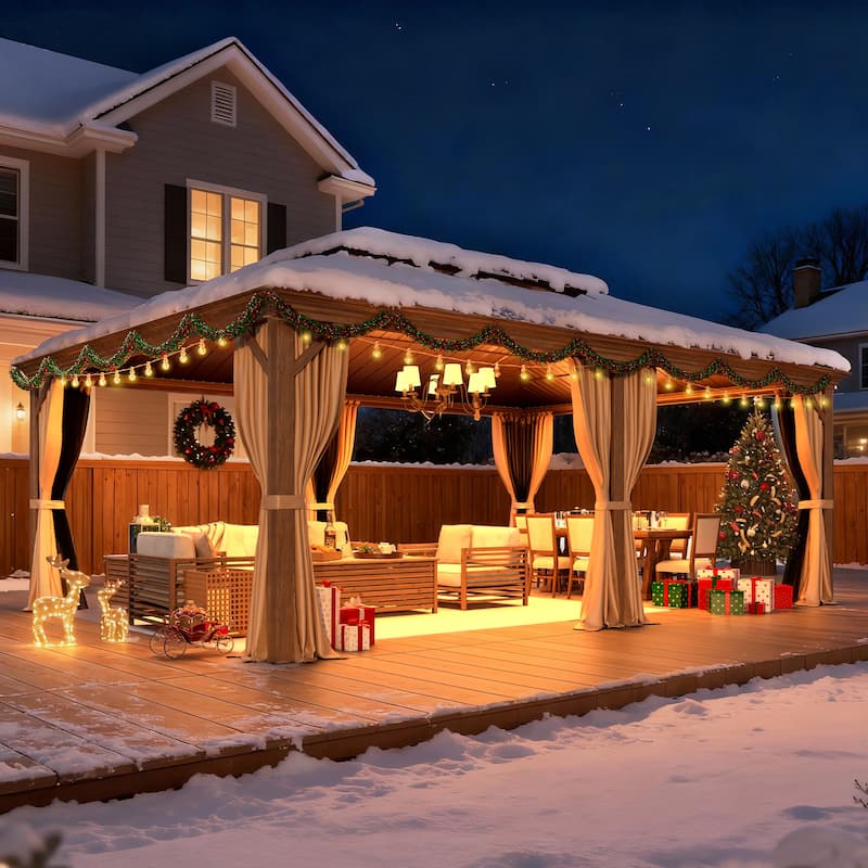 Outdoor Galvanized Steel Roof Gazebo Pergola w Wooden Coated Alumninum Frame, Privacy Curtains and Nettings Include