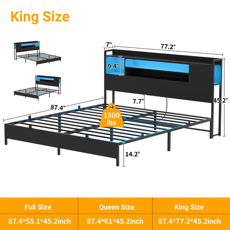 Platform Bed Frame with Reversible Storage Bookcase Headboard and Charging Station and RGB LED Lights