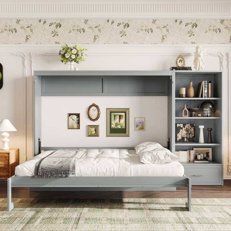 Murphy Bed Foldable Platform Bed Frame Queen Size Wall Bed with Drawer and Storage Cabinet Adjustable Height Compartments Shelf