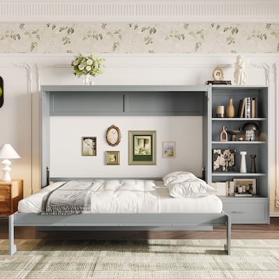 Queen Size Murphy Bed with Height Adjustable Storage Compartments and Shelf