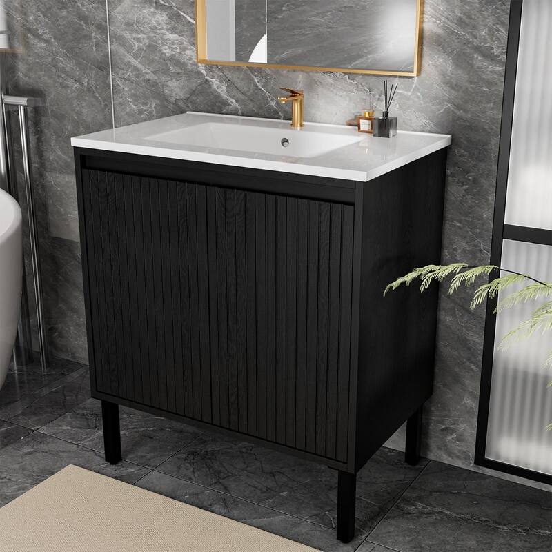 GDFStudio - Ari Modern Aesthetic Freestanding Bathroom Vanity with Ceramic Sink, Soft Close Drawers & Large Storage Spaces