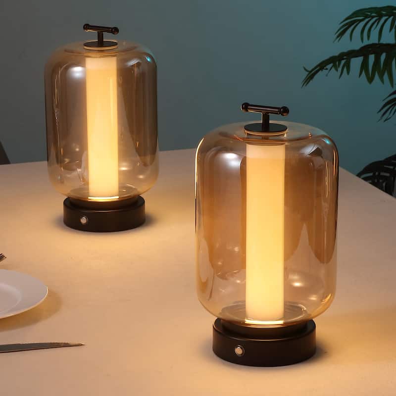 10.75" Lantern Rechargeable/Cordless Dimmable Integrated LED Table Lamp, Touch Sensor (Set of 2) - 10.75 - Black with Clear Amber Shade