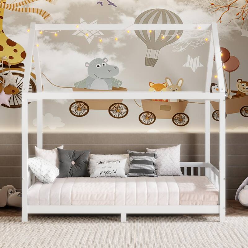 Twin Size House Bed with Guardrail and LED Light, White