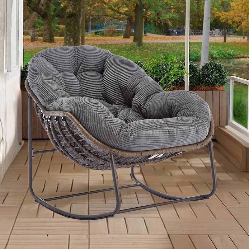 Outdoor Rattan Rocker Recliner Chair With Polyester Padded Cushion