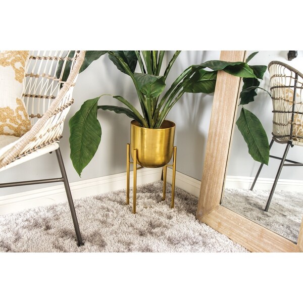 Large, Round, Indoor/Outdoor Metallic Gold Metal Planters in Gold Stands Set of 2 - 11" x 22" & 10" x 19"