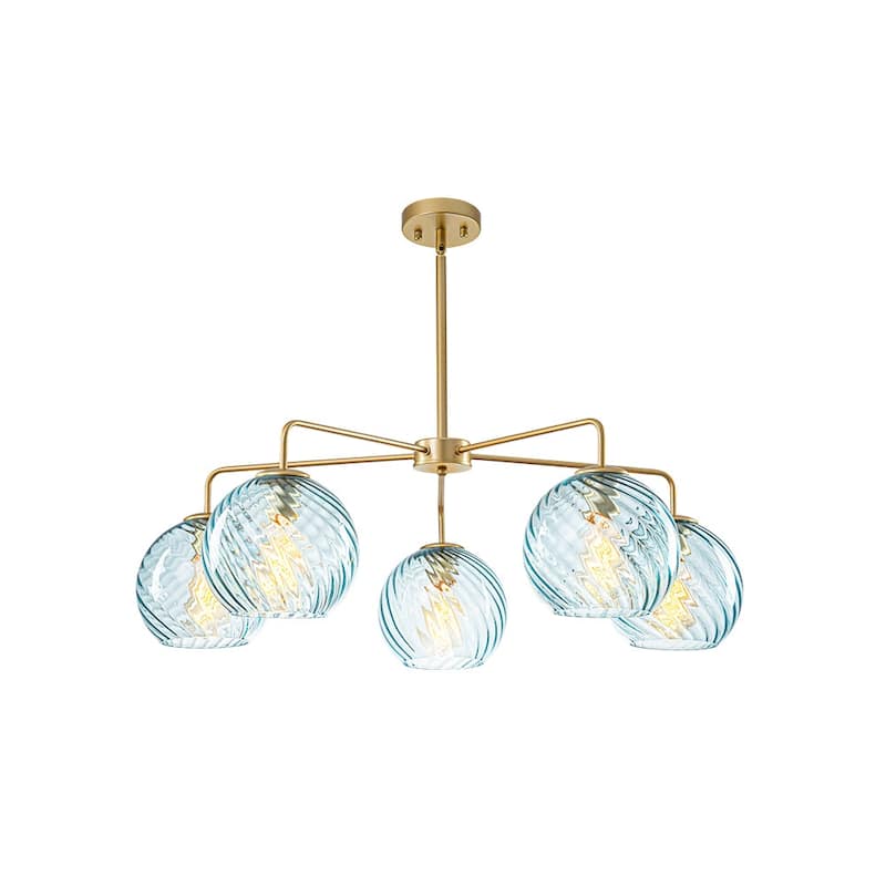 5-Light Blue Swirled Glass Globe Bubble Round Chandelier 35in