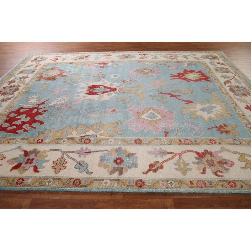 Light Blue Floral Oushak Rug Hand-Knotted Oriental Wool Carpet - 8'10"x 11'10"