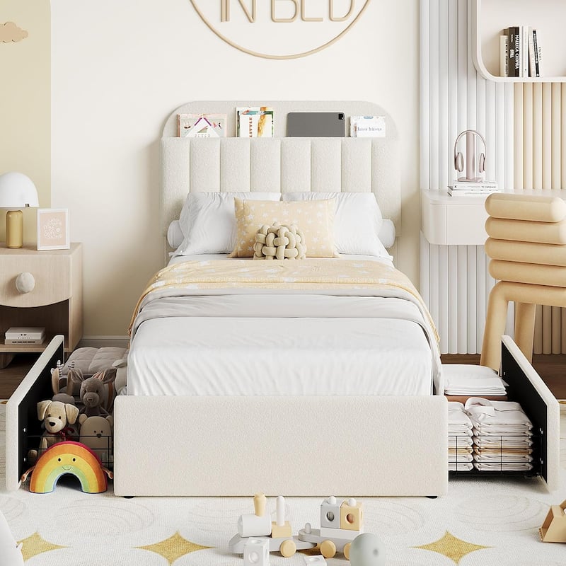 Bed Frame with 2 Drawers, Boucle Upholstered
