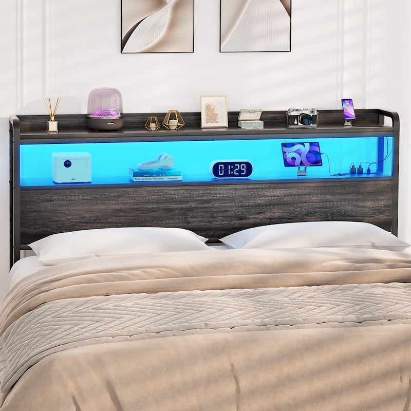 Headboard with Storage Drawers and LED Light, Head Board with Outlets, USB Ports