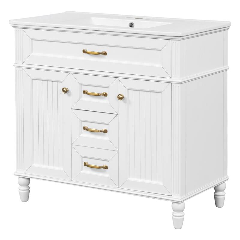 GDF Studio - Sunny Modern Solid Wood + MDF 36-Inch Bathroom Vanity with Ceramic Sink and Flip-Out Drawer